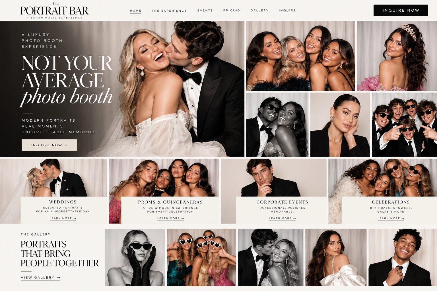 The Portrait Bar luxury photo booth homepage featuring bridal, prom, quinceañera, editorial headshot and celebration portraits